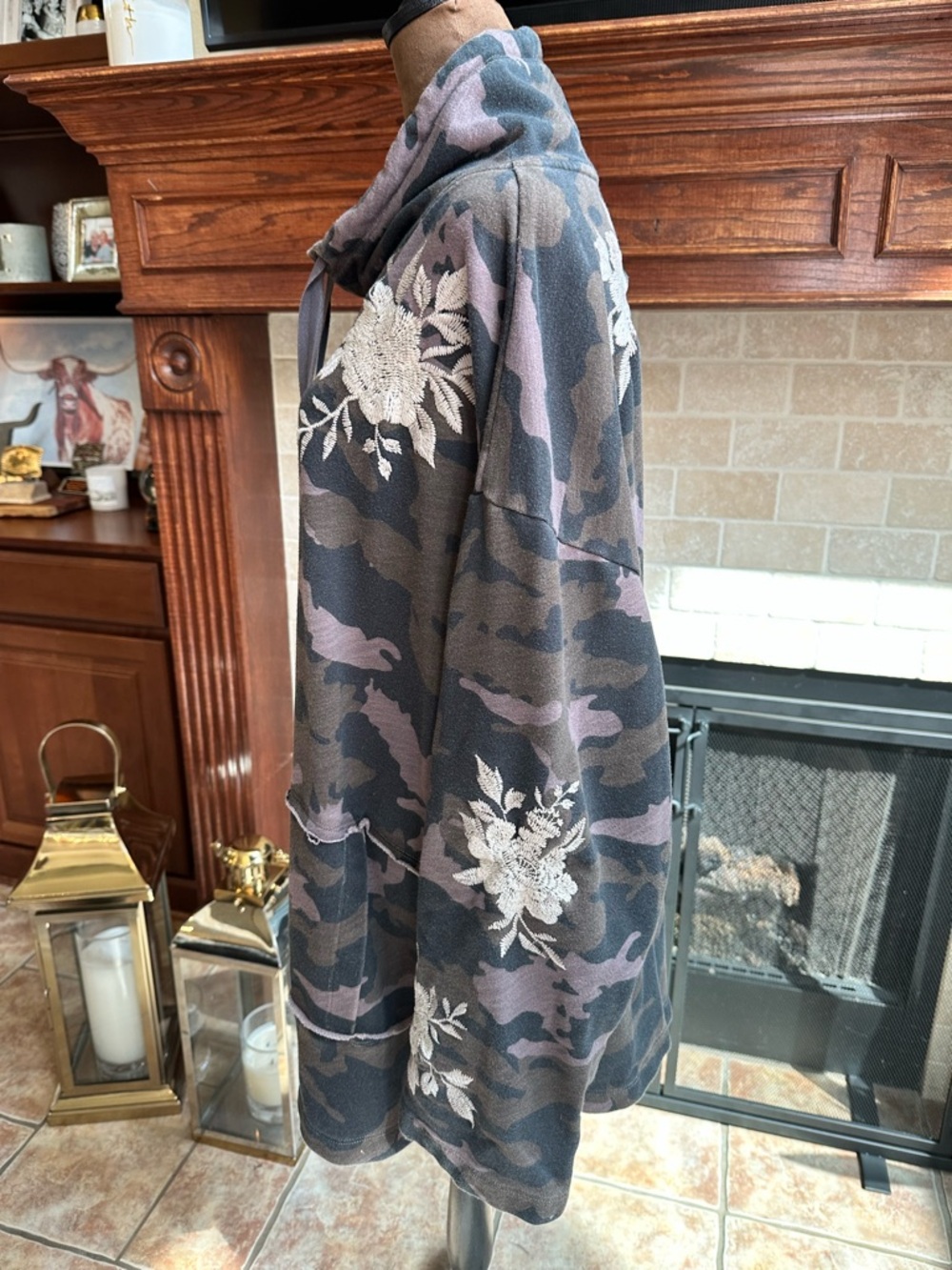 JOHNNY WAS Camouflage Hooded Sweater with Floral Embroidery - Gray/Purple - Picture 3 of 5